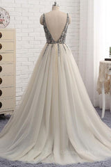 Formal Wedding Guest Dress, A Line V Neck Silver Gray Long Prom Dresses, Silver Grey Beaded Long Formal Evening Dresses