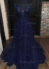 Semi Formal Outfit, A-line V Neck Sleeveless Lace Court Train Prom Dress With Pleated