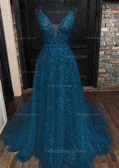 Boho Dress, A-line V Neck Sleeveless Lace Court Train Prom Dress With Pleated