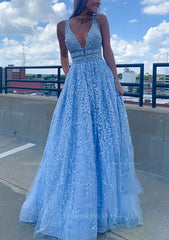 Formal Dress Attire For Wedding, A-line V Neck Sleeveless Long/Floor-Length Lace Tulle Prom Dress With Beading Sequins