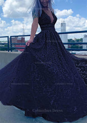 Formal Dress For Wedding Reception, A-line V Neck Sleeveless Long/Floor-Length Lace Tulle Prom Dress With Beading Sequins