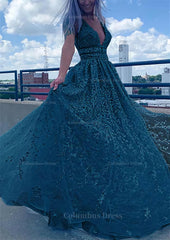 Formal Dresses For Wedding Guest, A-line V Neck Sleeveless Long/Floor-Length Lace Tulle Prom Dress With Beading Sequins