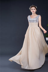 Party Dress In White, A Line V-Neck Sleeveless Sequins Chiffon Floor Length Prom Dresses