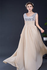 Party Dress Shiny, A Line V-Neck Sleeveless Sequins Chiffon Floor Length Prom Dresses