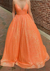 Bridesmaid Dresses Orange, A-line V Neck Sleeveless Sweep Train Sequined Prom Dress with Pockets