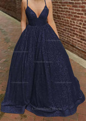 Bridesmaid Dress Gown, A-line V Neck Sleeveless Sweep Train Sequined Prom Dress with Pockets