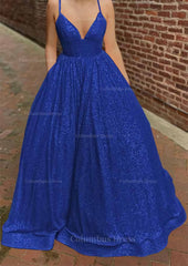 Bridesmaid Dressing Gowns, A-line V Neck Sleeveless Sweep Train Sequined Prom Dress with Pockets