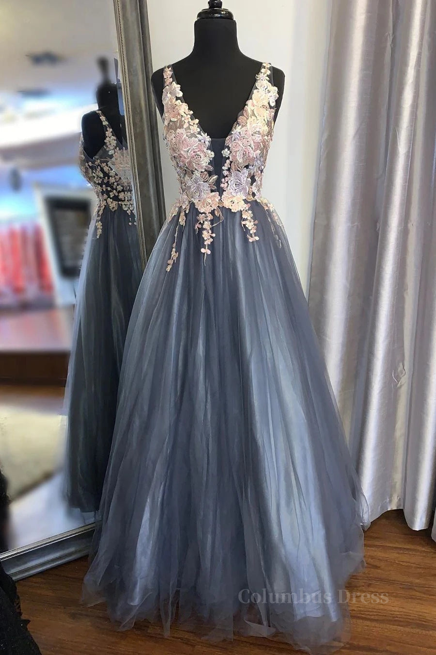 Light Blue Dress, A Line V Neck Smoke Blue Long Prom Dress with Lace Appliques, Floral Smoke Blue Formal Graduation Evening Dress