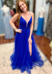 Prom Dresses Store, A-line V Neck Spaghetti Straps Court Train Tulle Prom Dress With Split