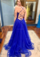 Prom Dresse Long, A-line V Neck Spaghetti Straps Court Train Tulle Prom Dress With Split