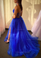 Evening Dresses Fitted, A-line V Neck Spaghetti Straps Sweep Train Tulle Prom Dress With Split