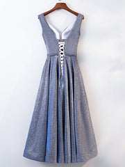 Formal Dresses Size 24, A Line V Neck Tea Length Gray/Pink Prom Dresses, Shiny Tea Length Formal Dresses