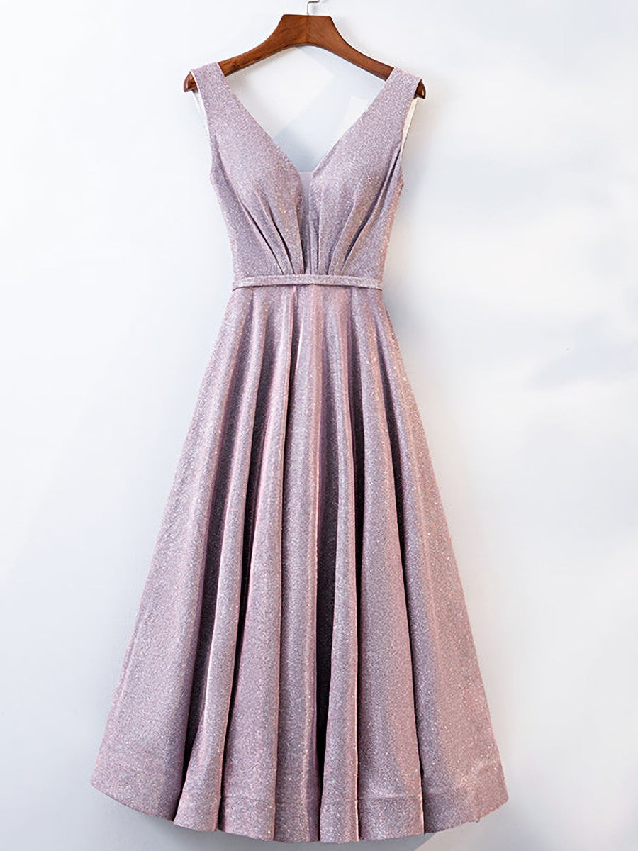 Formal Dress Fall, A Line V Neck Tea Length Gray/Pink Prom Dresses, Shiny Tea Length Formal Dresses