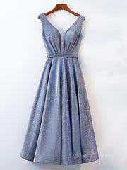 Long Sleeve Dress, A Line V Neck Tea Length Prom Dresses, Shiny Tea Length Formal Evening Dresses