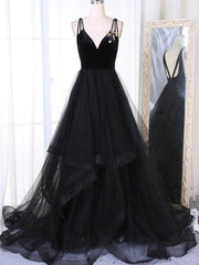 Party Dresses For Wedding, A Line V Neck Tulle Black Ball Gown, Black Prom, Black Formal