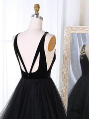 Party Dresses For Weddings, A Line V Neck Tulle Black Ball Gown, Black Prom, Black Formal