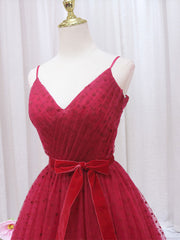 Homecoming Dresses For Girl, A-Line V Neck Tulle Burgundy Long Prom Dress, Burgundy Formal Dresses