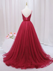 Homecoming Dresses For Girls, A-Line V Neck Tulle Burgundy Long Prom Dress, Burgundy Formal Dresses