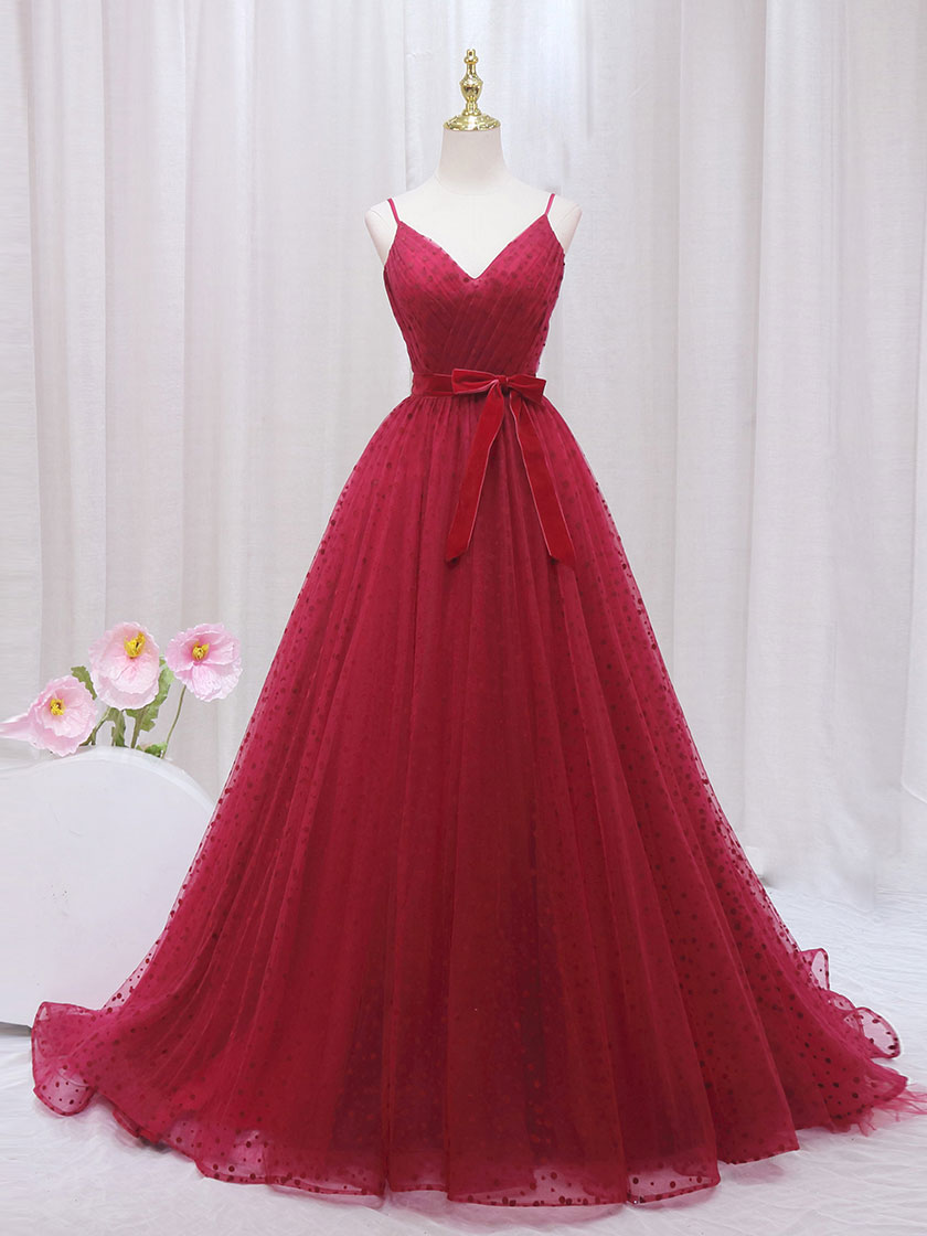 Homecoming Dress Inspo, A-Line V Neck Tulle Burgundy Long Prom Dress, Burgundy Formal Dresses