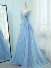 Prom Dressed Ball Gown, A-Line V Neck  Tulle Lace Blue Long Prom Dresses, Blue Formal Evening Dress