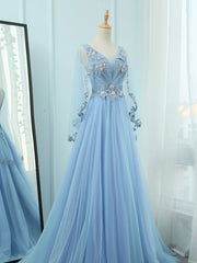 Prom Dresses Ball Gowns, A-Line V Neck  Tulle Lace Blue Long Prom Dresses, Blue Formal Evening Dress