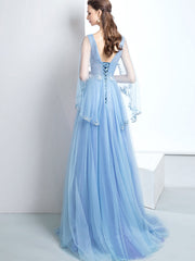 Prom Dresses Laced, A-Line V Neck  Tulle Lace Blue Long Prom Dresses, Blue Formal Evening Dress