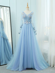 Prom Dresses Purple, A-Line V Neck  Tulle Lace Blue Long Prom Dresses, Blue Formal Evening Dress