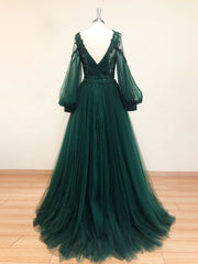 Prom Dresses Princesses, A-Line V Neck Tulle Lace Green Long Prom Dress, Green Formal Evening Dresses