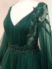 Prom Dresse Princess, A-Line V Neck Tulle Lace Green Long Prom Dress, Green Formal Evening Dresses