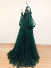 Prom Dress Princess, A-Line V Neck Tulle Lace Green Long Prom Dress, Green Formal Evening Dresses