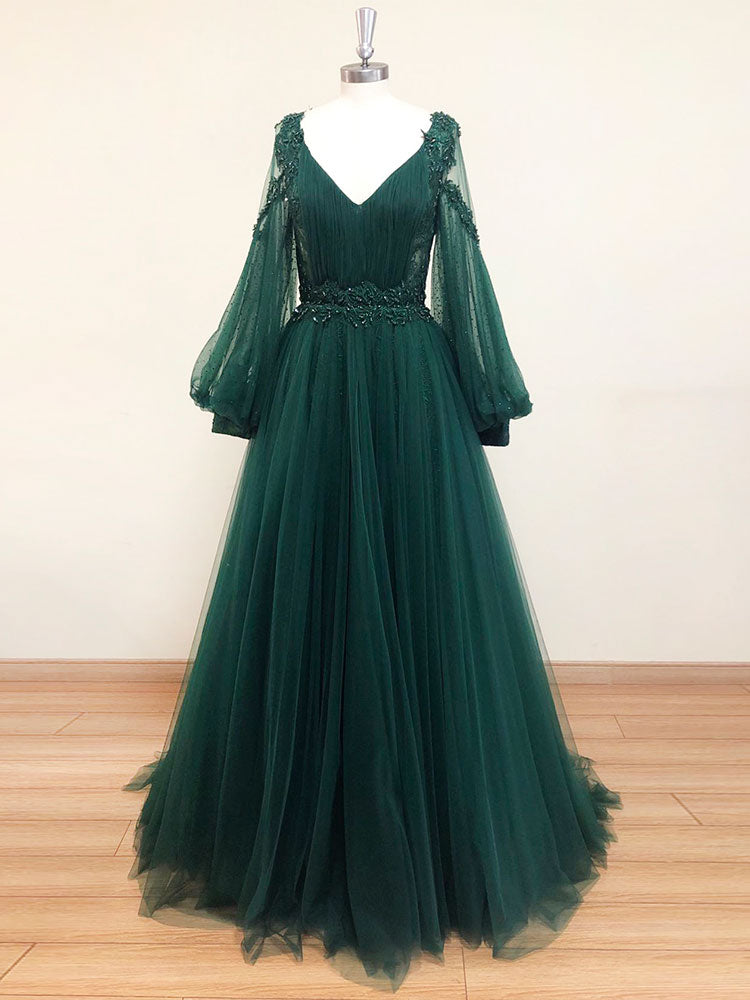 Prom Dresses2030, A-Line V Neck Tulle Lace Green Long Prom Dress, Green Formal Evening Dresses