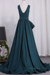 Formal Dress Short, A Line V Neck V Back Green Satin Long Prom Dresses, Long Green Formal Evening Dresses
