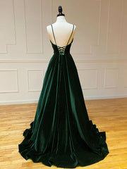 Prom Dress With Pockets, A-Line V Neck Velvet Green Long Prom Dresses, Green Velvet Formal Dress