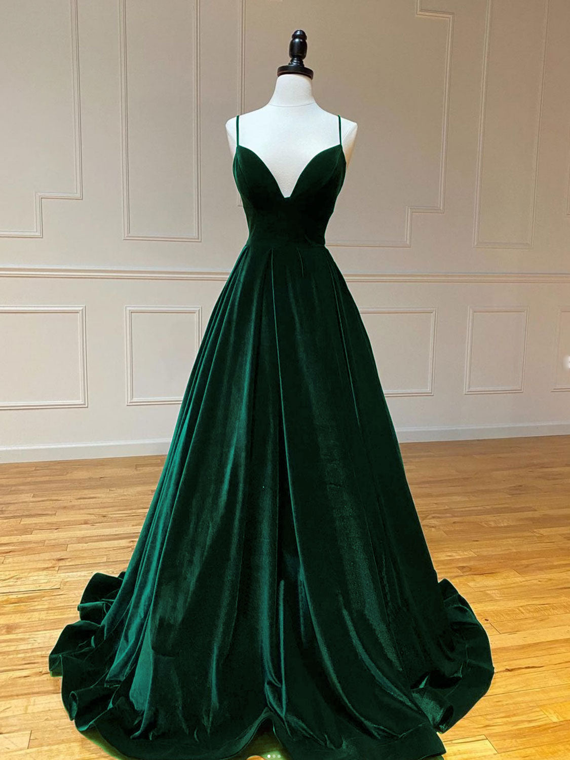 Prom Dress V Neck, A-Line V Neck Velvet Green Long Prom Dresses, Green Velvet Formal Dress
