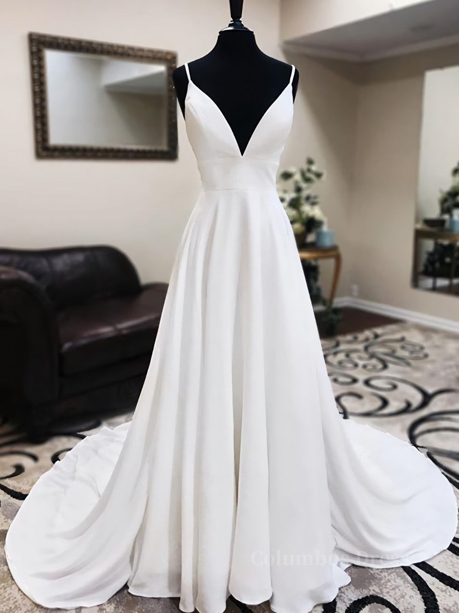 Wedding Dress Aesthetic, A Line V Neck White Wedding Dresses with Lace Back, White V Neck Prom Formal Dresses