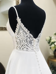 Wedding Dresses A Line, A Line V Neck White Wedding Dresses with Lace Back, White V Neck Prom Formal Dresses