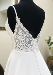 Wedding Dress With Pockets, A Line V Neck White Wedding Dresses with Sweep Train, White Formal Evening Prom Dresses