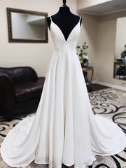 Wedding Dresses With Pockets, A Line V Neck White Wedding Dresses with Sweep Train, White Formal Evening Prom Dresses