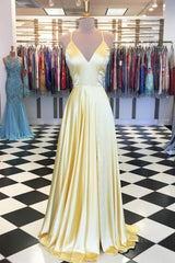 Modest Dress, A Line V Neck Yellow Long Prom Dresses, Yellow Long Backless Formal Evening Dresses