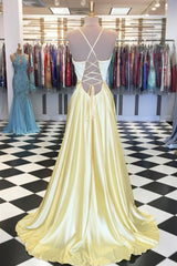 Club Outfit For Women, A Line V Neck Yellow Long Prom Dresses, Yellow Long Backless Formal Evening Dresses