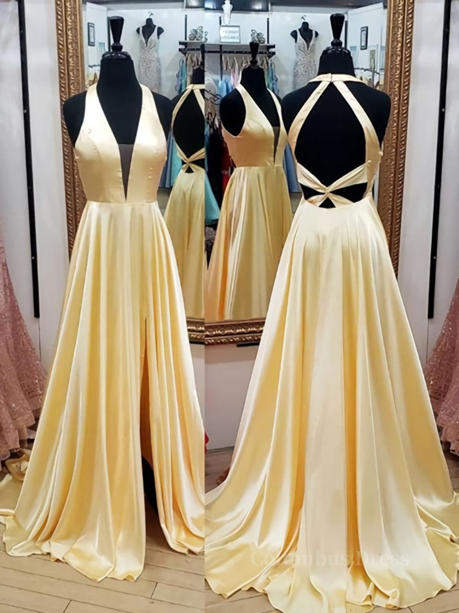 Fall Wedding Color, A Line V Neck Yellow Satin Long Prom Dresses, V Neck Backless Yellow Formal Evening Dresses