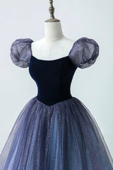 Prom Dresse Princess, A-Line Velvet Tulle Long Prom Dress, Cute Short Sleeve Evening Party Dress