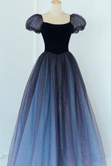 Prom Dress Princess, A-Line Velvet Tulle Long Prom Dress, Cute Short Sleeve Evening Party Dress