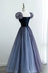 Prom Dress Princesses, A-Line Velvet Tulle Long Prom Dress, Cute Short Sleeve Evening Party Dress