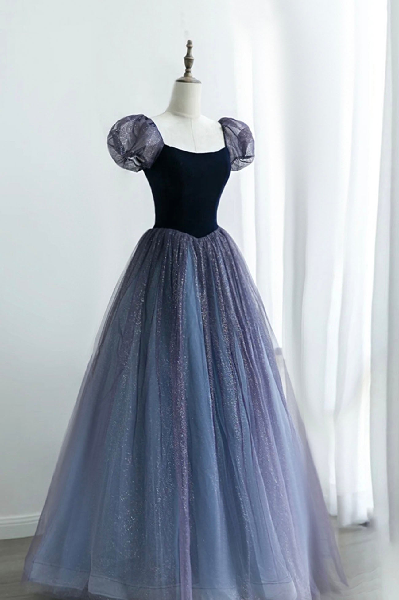 Prom Dresses Princesses, A-Line Velvet Tulle Long Prom Dress, Cute Short Sleeve Evening Party Dress