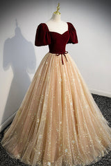 Prom Dresse 2033, A-Line Velvet Tulle Long Prom Dress, Lovely Short Sleeve Graduation Dress