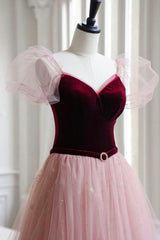 Prom Dressed Ball Gown, A-Line Velvet Tulle Long Prom Dress, Pink Short Sleeve Formal Evening Dress