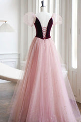 Prom Dresses Ball Gowns, A-Line Velvet Tulle Long Prom Dress, Pink Short Sleeve Formal Evening Dress