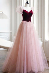 Prom Dresses Purple, A-Line Velvet Tulle Long Prom Dress, Pink Short Sleeve Formal Evening Dress