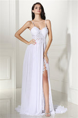 Winter Dress, A-line White Evening Dresses Straps Chiffon Long Formal Dresses